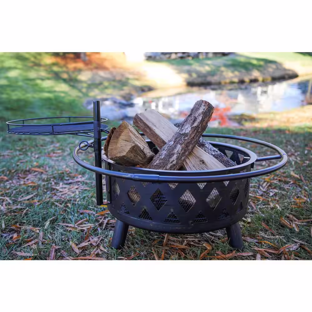 BLUEGRASS LIVING 30 in. Roadhouse Steel Deep Bowl Fire Pit with Swivel Height Adjustable Cooking Grid