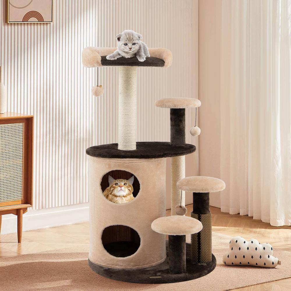 ANGELES HOME Brown 40 in. Cat Tree Tower Multi-Level Activity Tree with 2-Tier Cat-Hole Condo