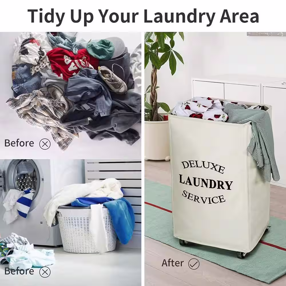 None 90L Fabric Laundry Basket Hamper with Beige Wheels