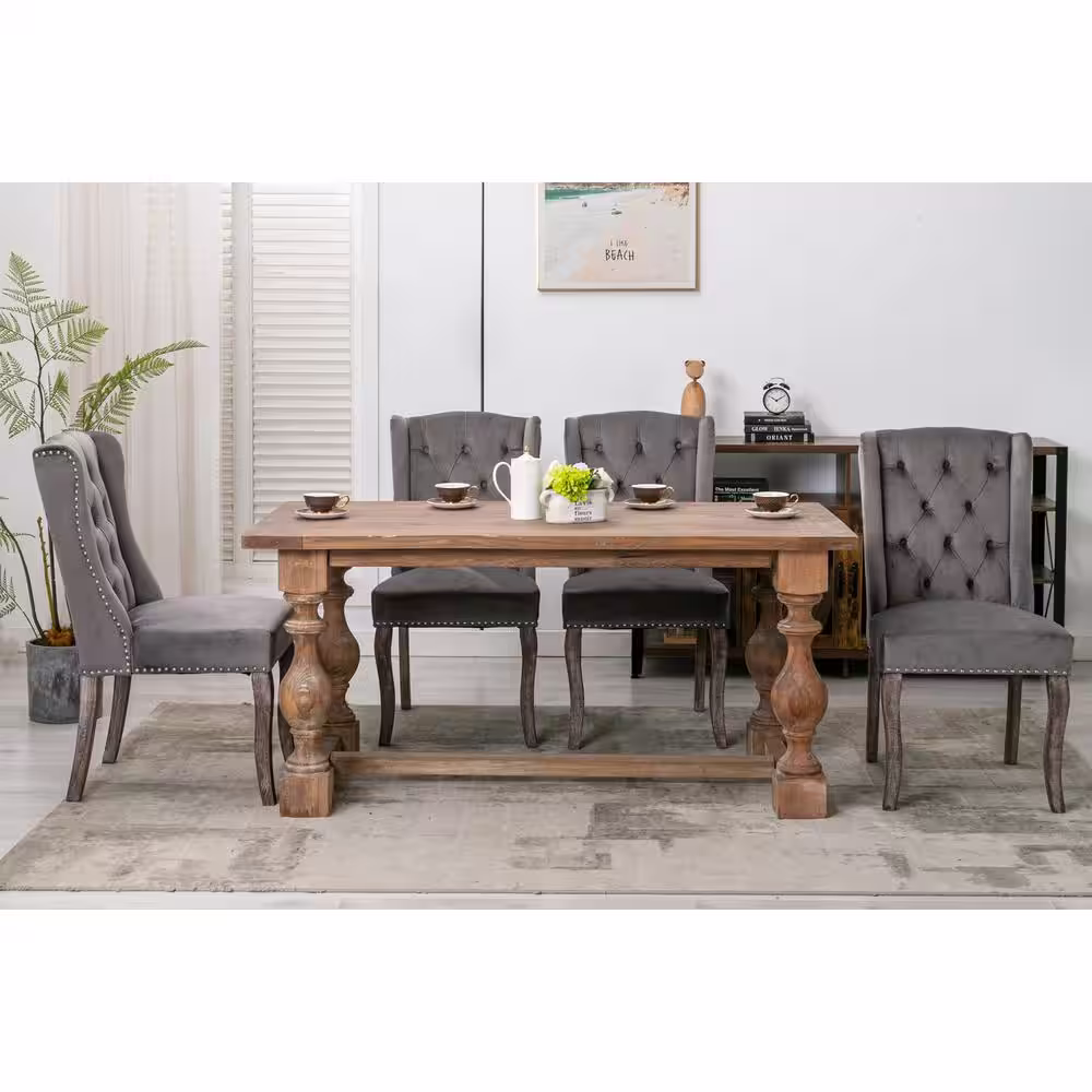 None Gray Velvet Wing Back Chair, Tufted Upholstered Dining Chair, Living Room Kitchen Chair with Nail Head (Set of 2)