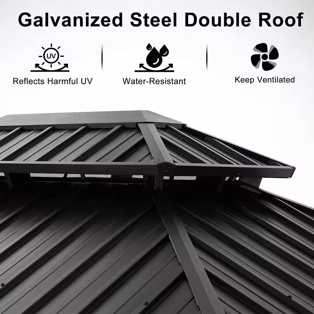 ABCCANOPY 10 ft. x 12 ft. Gray Hardtop Patio Gazebo Galvanized Steel Double Roof Aluminum Pavilion with Netting and Curtain