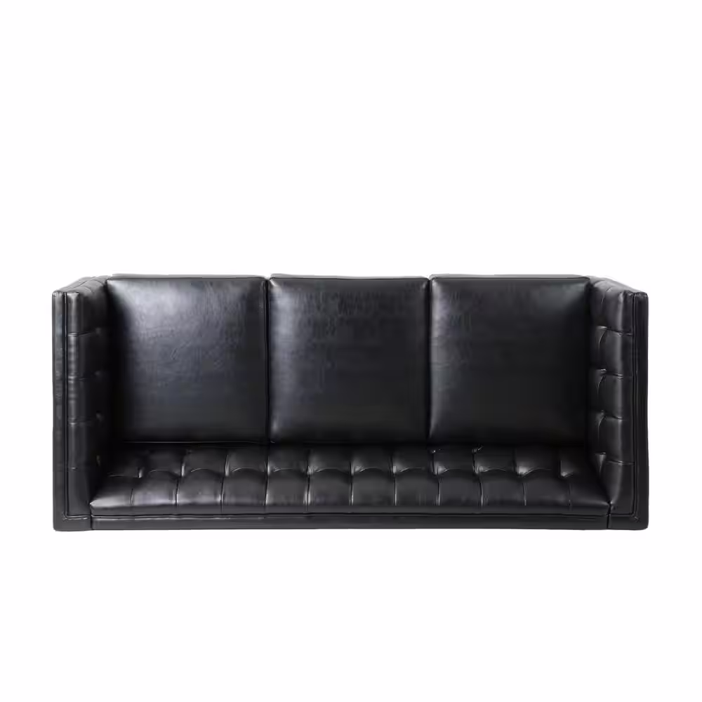 Noble House Sadlier 75.5 in. 3-Seat Square Arm Faux Leather Straight Midnight Black Sofa