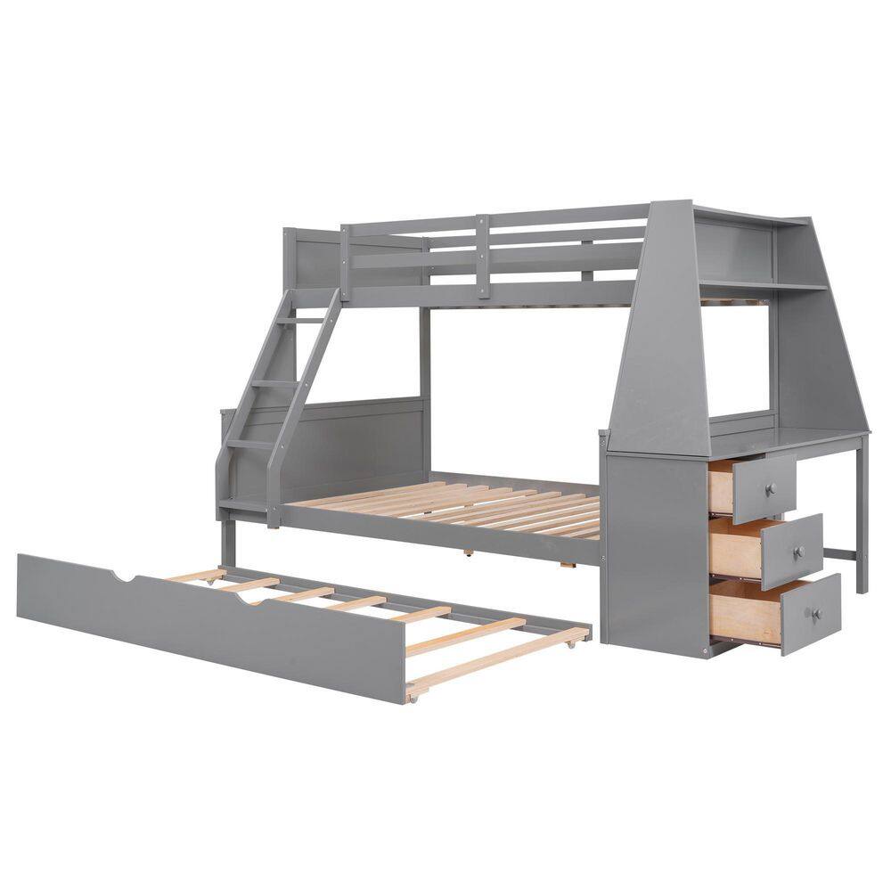 Harper & Bright Designs Gray Twin Over Full Wood Bunk Bed with Built-in Desk and Trundle