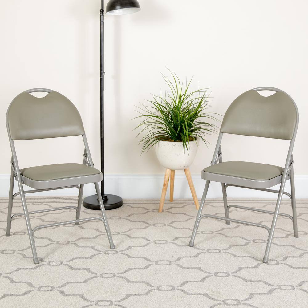 Flash Furniture Hercules Series Extra Large Ultra-Premium Triple Braced Gray Vinyl Metal Folding Chair with Easy-Carry Handle