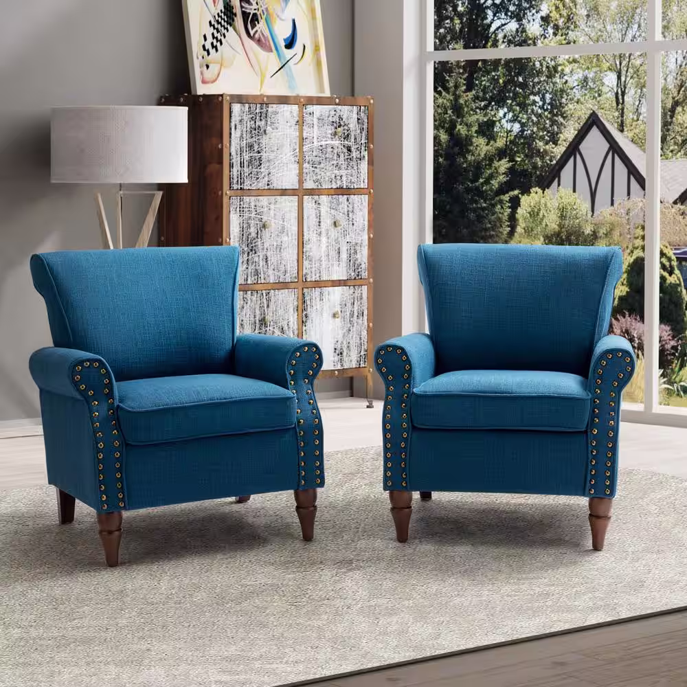 JAYDEN CREATION Macedonia Navy ArmChair with Nailhead Trim (Set of 2)