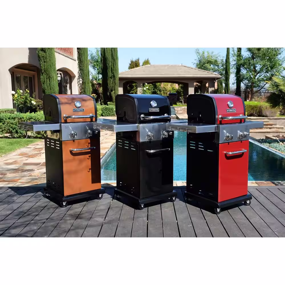 PERMASTEEL 2-Burner Pedestal Propane Gas Grill in Black With Folding Side Shelves