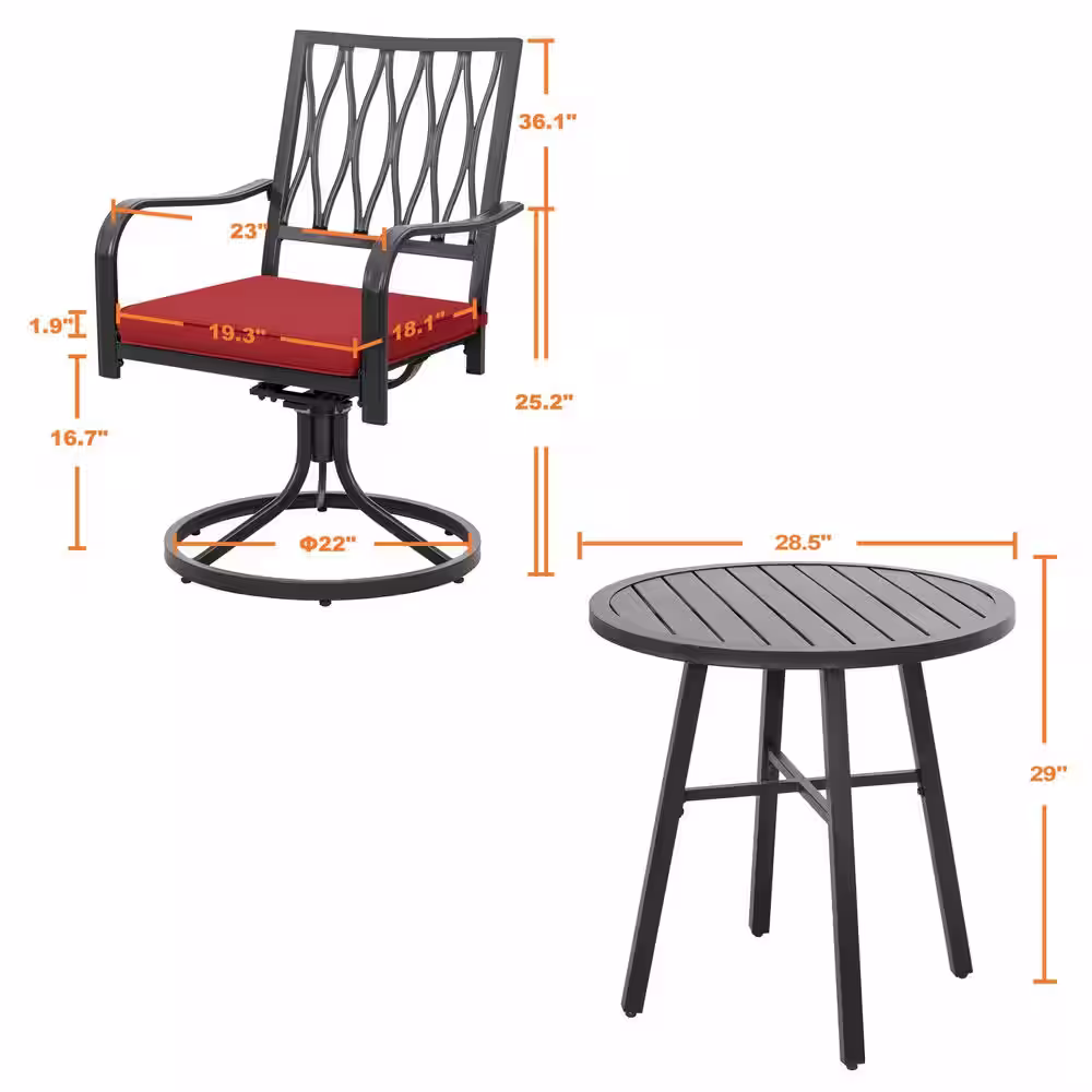 Nuu Garden 3-Piece Metal Swivel Patio Bistro Set with Red Cushions