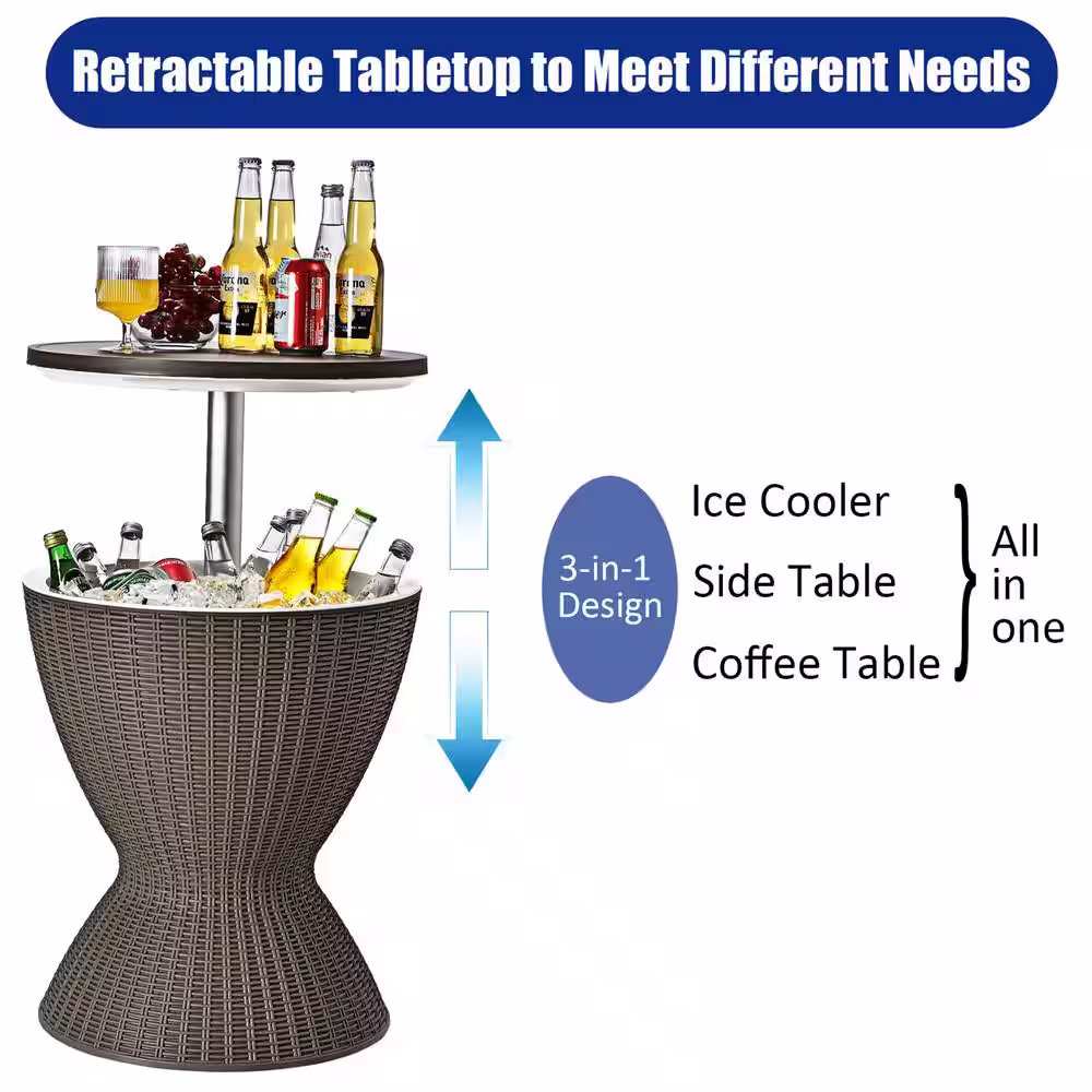 Gymax 8-Gal Patio Ice Cooler Bucket Cool Bar Side Table w/Retractable Tabletop Brown