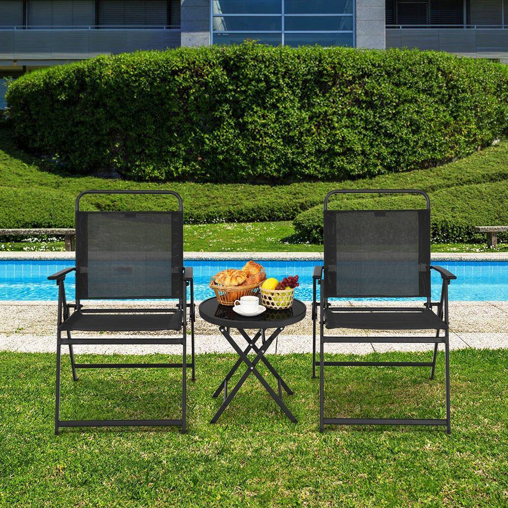HONEY JOY 3-Pieces Metal Outdoor Bistro Set Patio Folding Table and Chairs Set w/Tempered Glass Top Black