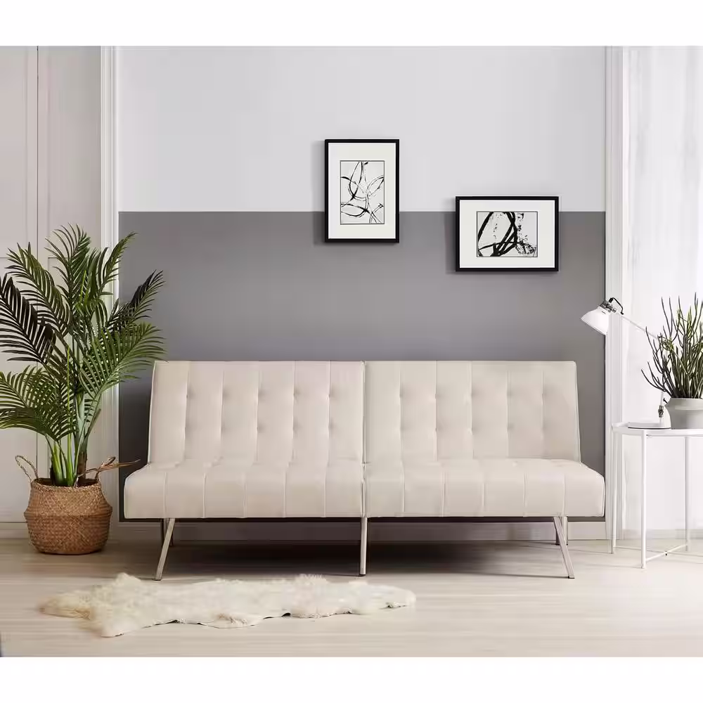HOMESTOCK Cream, Linen Tufted Split Back Futon Sofa Bed, Couch Bed, Futon Convertible Sofa Bed with Metal Legs