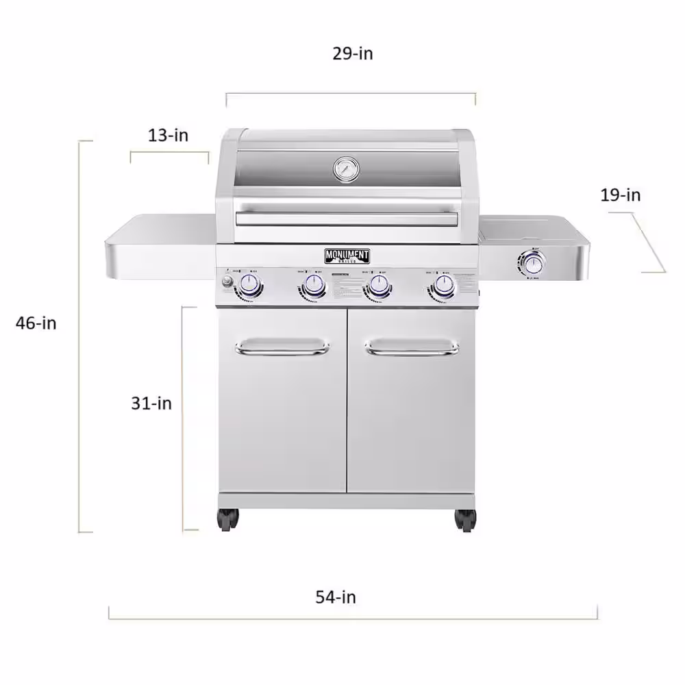 Monument Grills 4-Burner Propane Gas Grill in Stainless with Clear View Lid, LED Controls and Side Burner