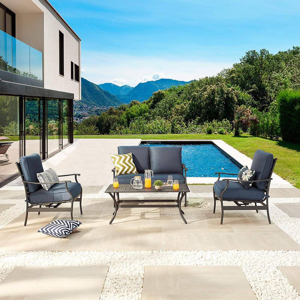 TOP HOME SPACE 4-Piece Metal Patio Conversation Set with Blue Cushions
