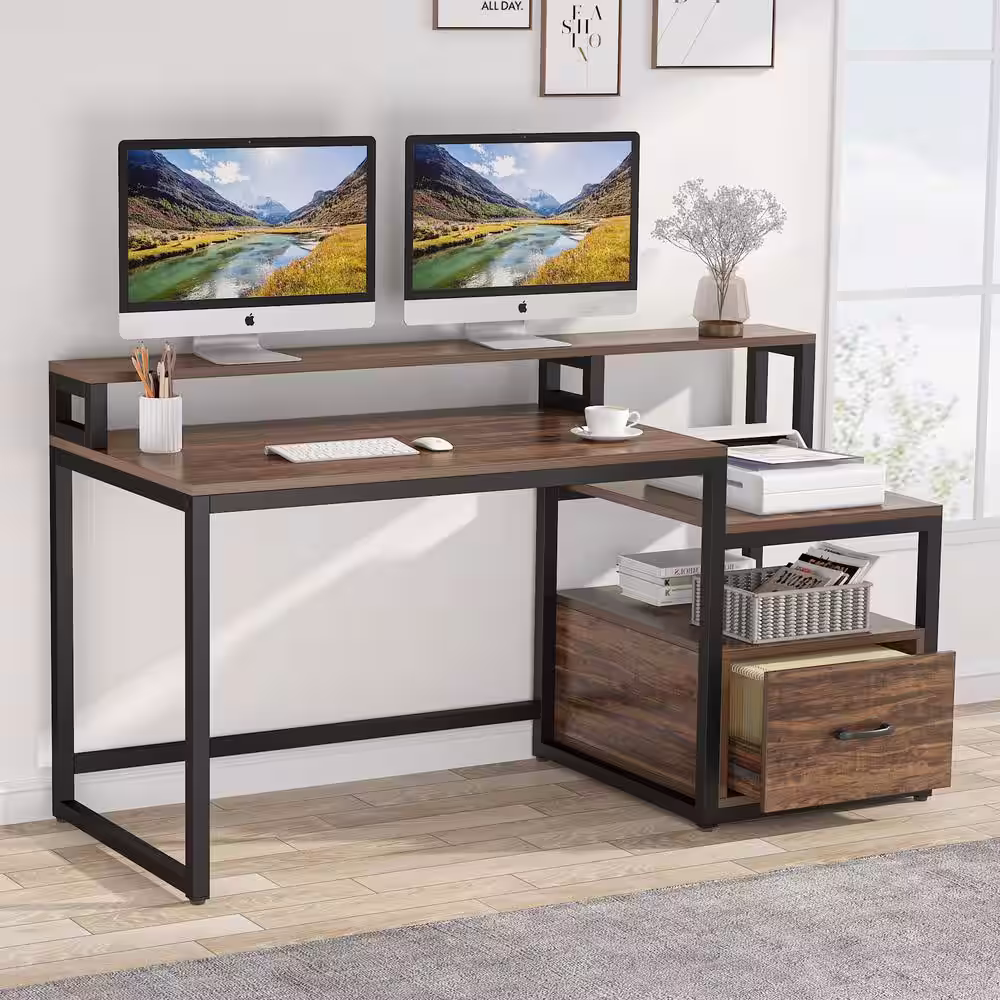 None Havrvin 61 in. Rectangular Rustic Brown Engineered Wood One Drawer Computer Desk with Two Open Shelf