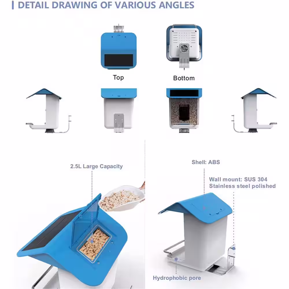 None Smart Bird Feeder with Solar Roof, 1080P HD Camera, AI Identify Bird Species, Wi-Fi Connection (Include 16G SD Card)