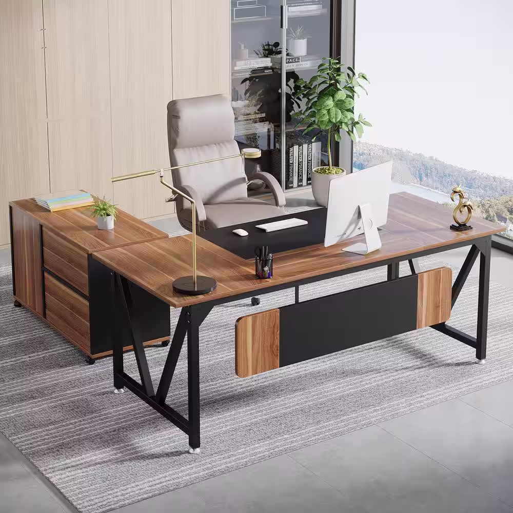 Tribesigns Cassey 70.8 in. Executive Desk with 35.4 in. File Cabinet Combo, L-Shaped Computer Desk Set, Brown