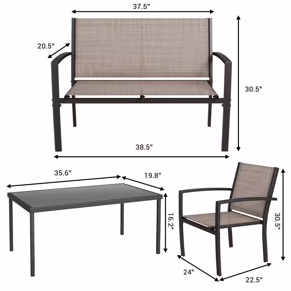 Tozey Beige 4-Piece Metal Outdoor Bistro Set Patio Conversation Set Glass Coffee Table