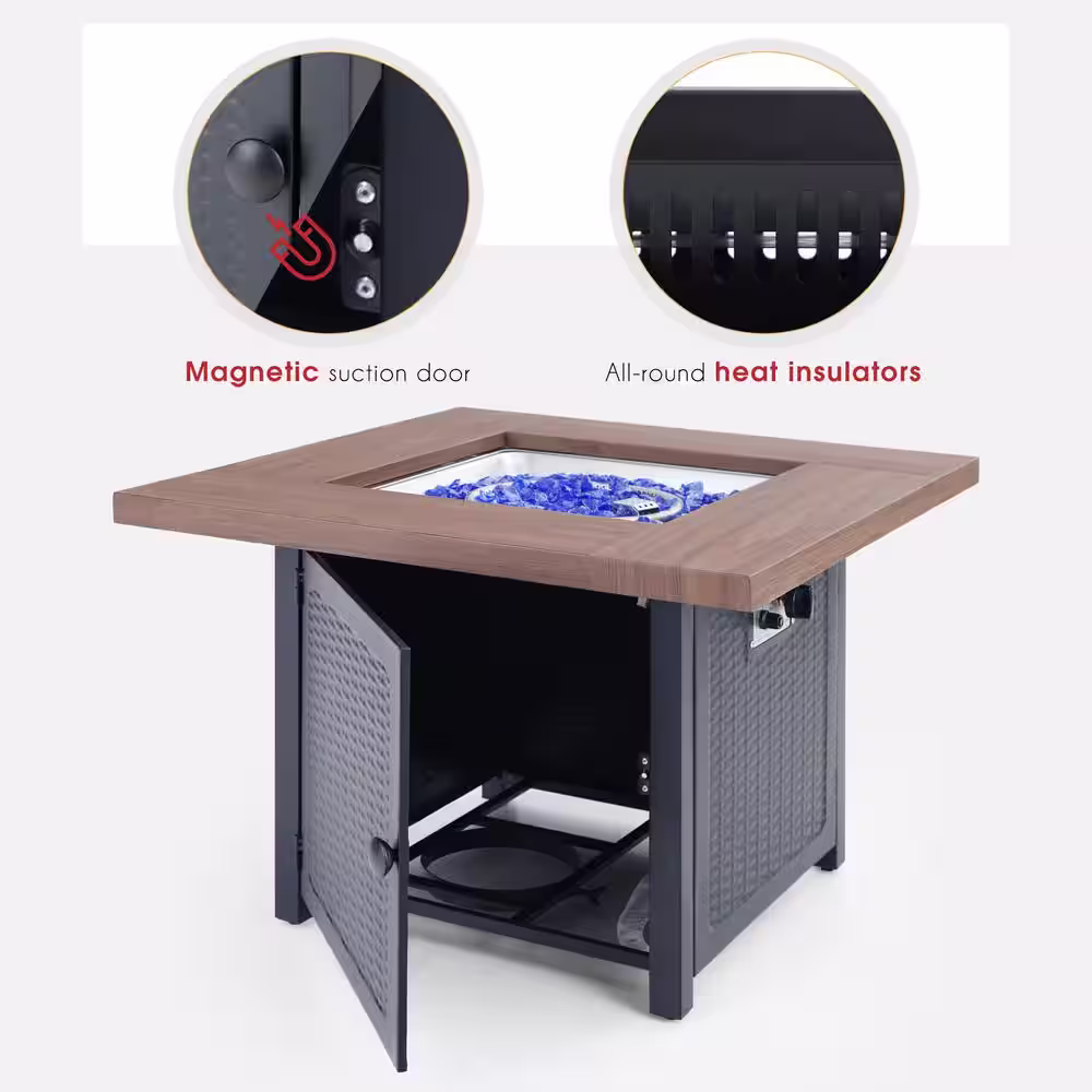 PHI VILLA 33.9 in. W x 25.2 in. H Square Wood-like Metal Steel Gas Fire Pit Table with Cover and 50000 BTU Burner