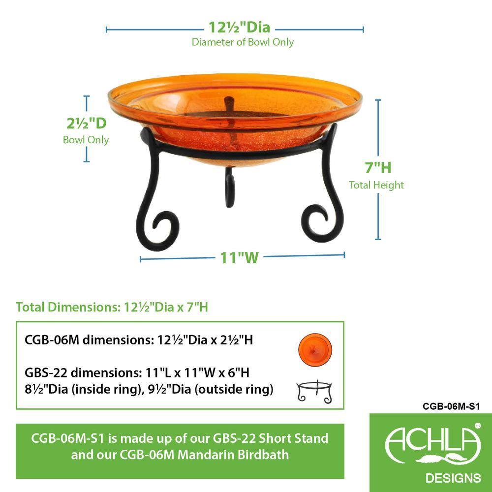 Achla Designs 12.5 in. Dia Mandarin Orange Reflective Crackle Glass Birdbath Bowl with Short Stand
