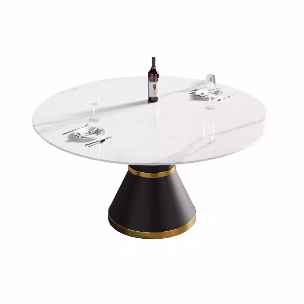 J&E Home 59.05 in. White Modern Round Sintered Stone Dining Table with Carbon Stainless Steel Base (Seats 8)