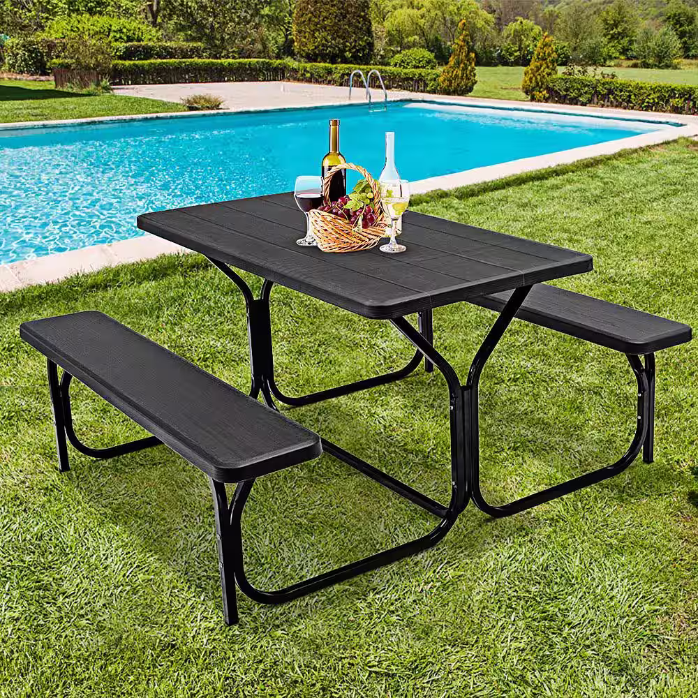 Costway Black Rectangle Metal Picnic Table Bench Set with Extension
