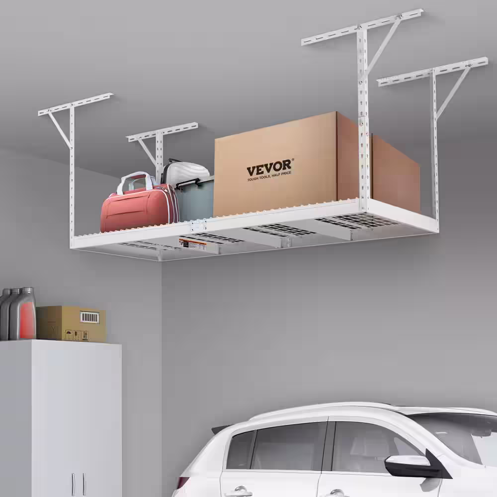 VEVOR 36 in. W x 96 in. D Overhead Adjustable Garage Storage Rack 600 lbs. Adjustable Height Ceiling Mount Garage Rack, White