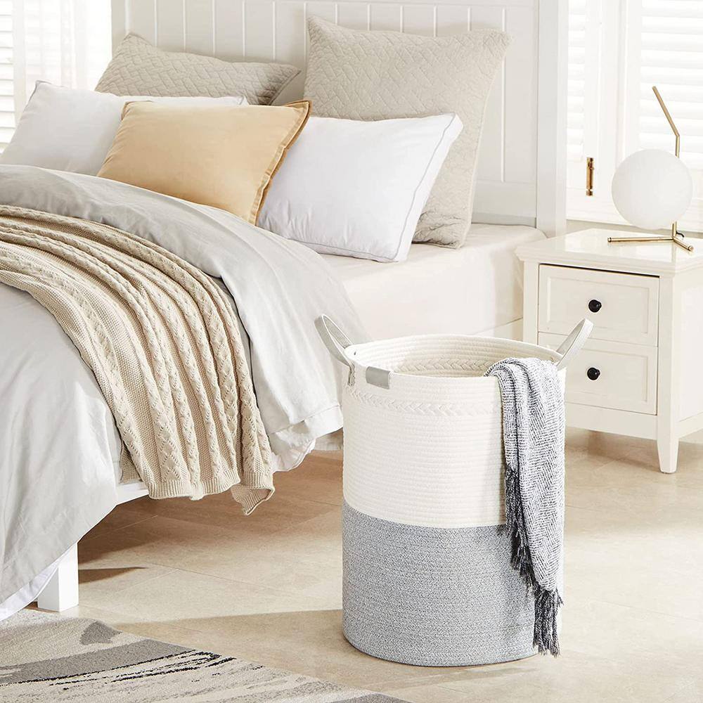 None 72L Cotton Laundry Basket Hamper White and Gray