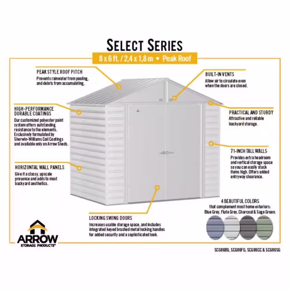 Arrow Select 8 ft. W x 6 ft. D Sage Green Metal Shed 27 sq. ft.