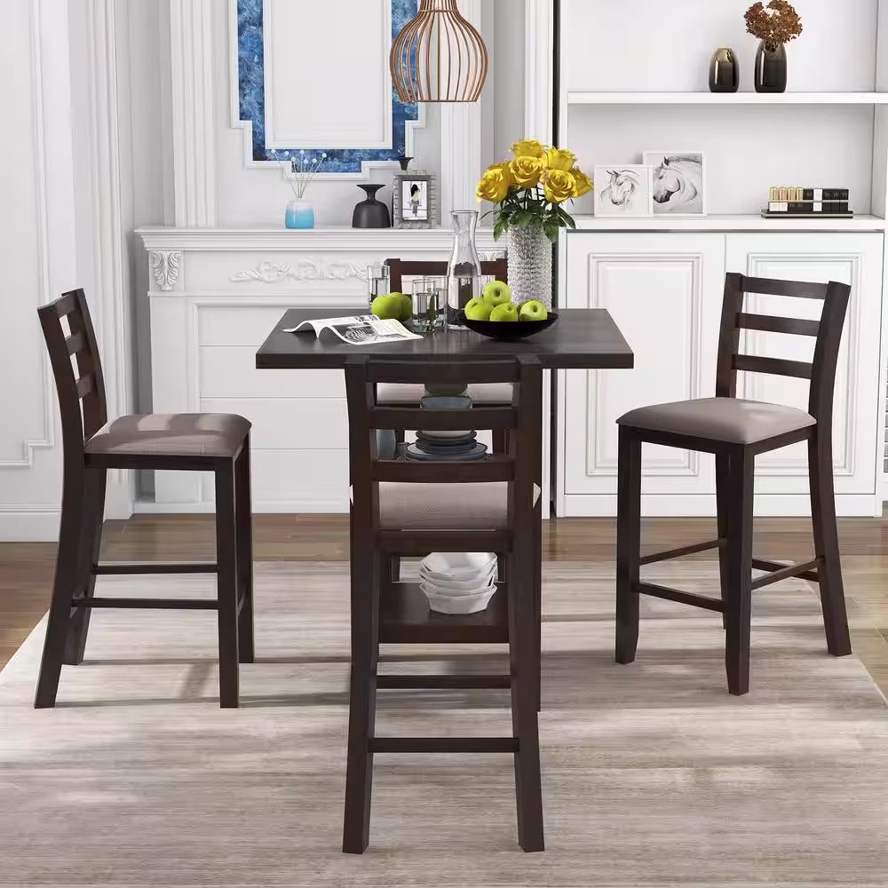 Harper & Bright Designs 5-Piece Espresso Chairs Counter Height Dining Set with 4-Padded Chairs