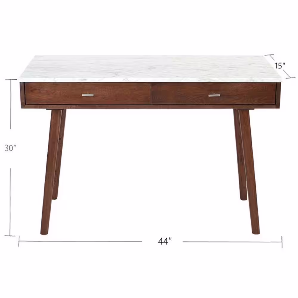 AndMakers Viola 44 in. Rectangular Carrara White Wood 2-Drawer Writing Desk with Walnut Legs and Marble Top