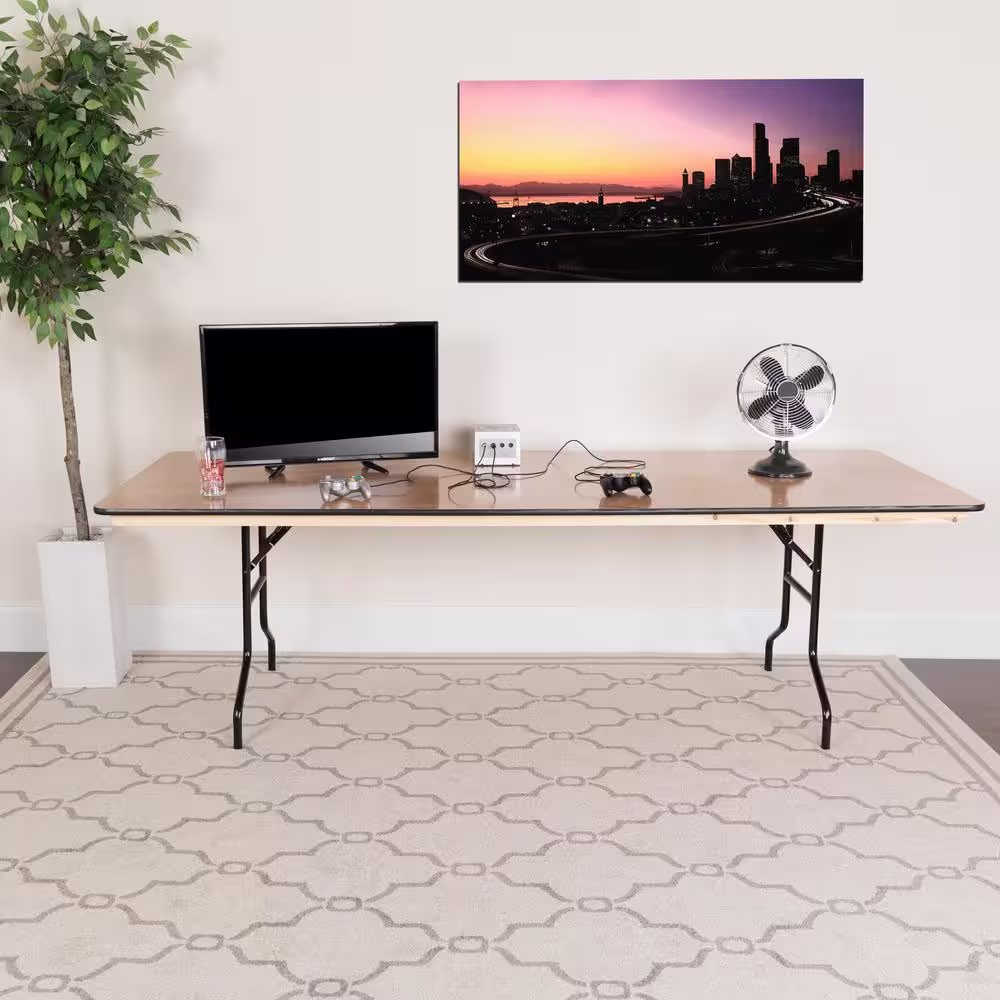 None 96 in. Natural Wood Tabletop Metal Frame Folding Table