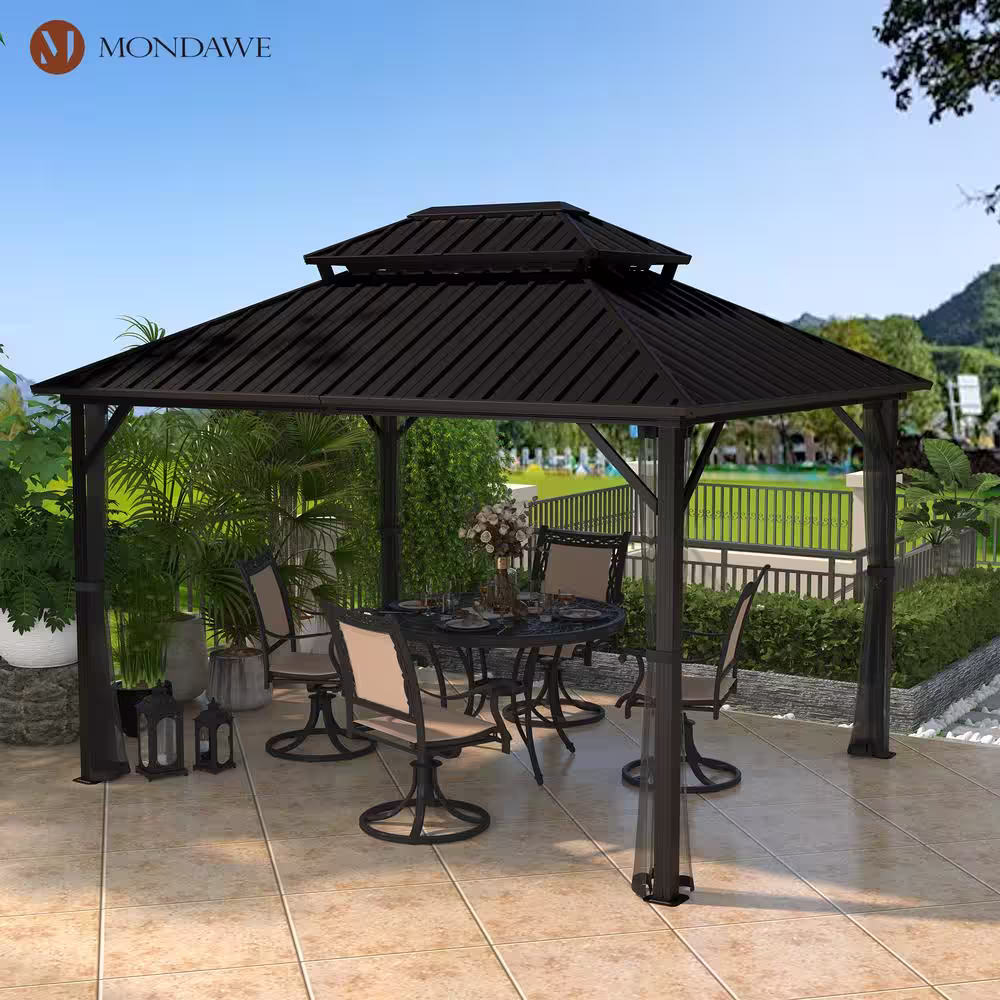 Mondawe 10 ft. x 12 ft. Black Double Roof Hard Top Aluminum Frame Gazebo with Netted Curtains for Garden, Patio, Backyard