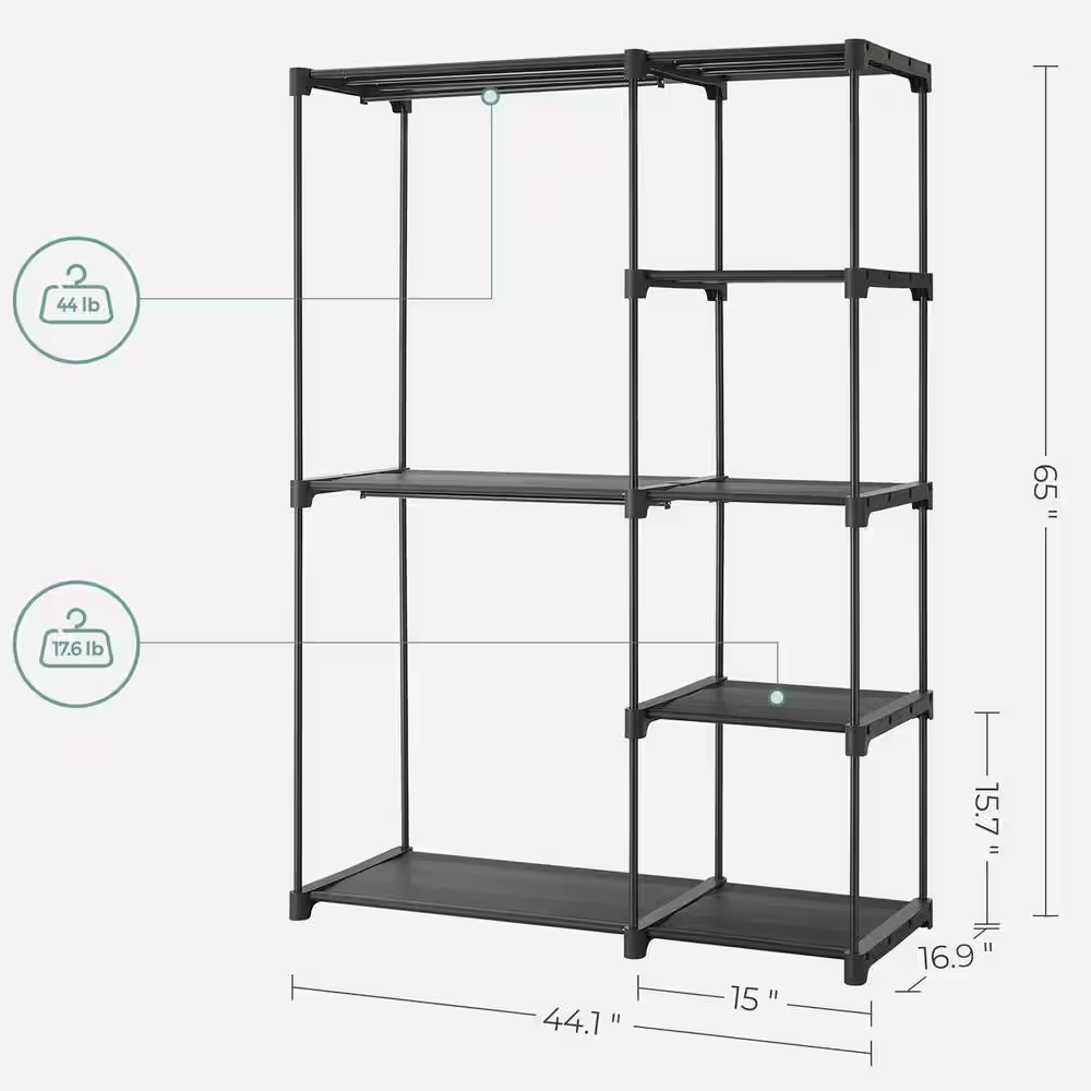 None Black Metal Garment Clothes Rack Double Rods 44 in. W x 65 in. H