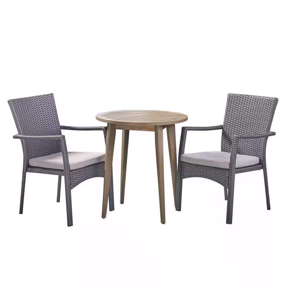 Noble House Arezzo Gray 3-Piece Wood and Plastic Outdoor Bistro Set with Gray Cushions
