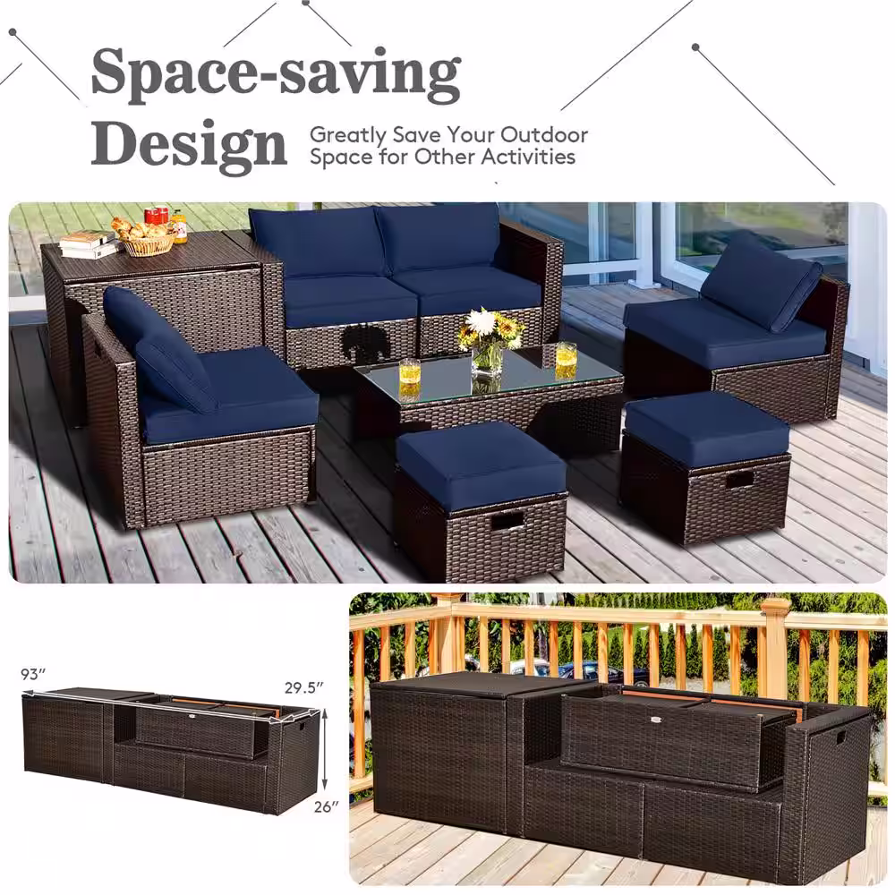 Costway 8-Piece Patio Rattan Furniture Set Space-Saving Storage Cushion Navy Cover