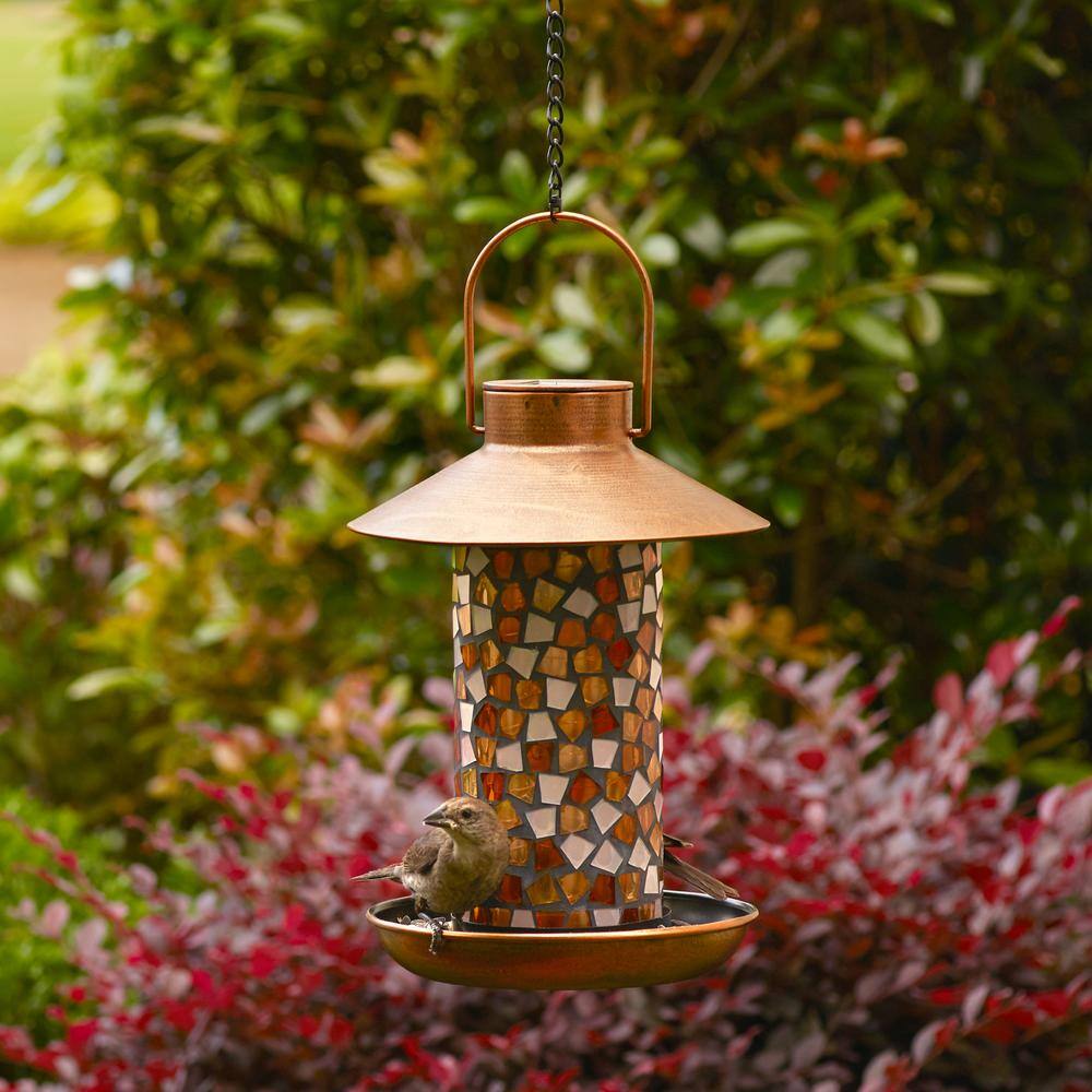 Smart Solar Adelie Mosaic Glass and Distressed Copper Bird Feeder with Integrated LED Solar Powered Light
