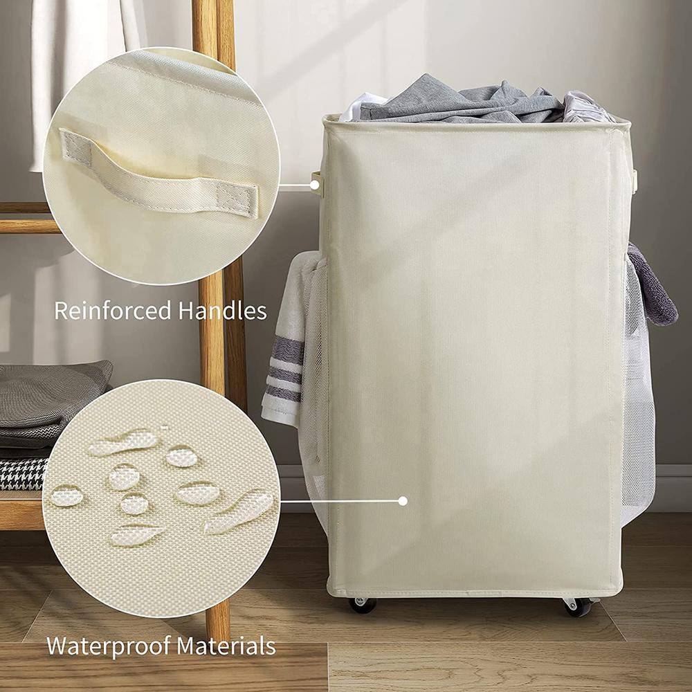 None 90 L Fabric Laundry Basket Hamper with Wheels Beige