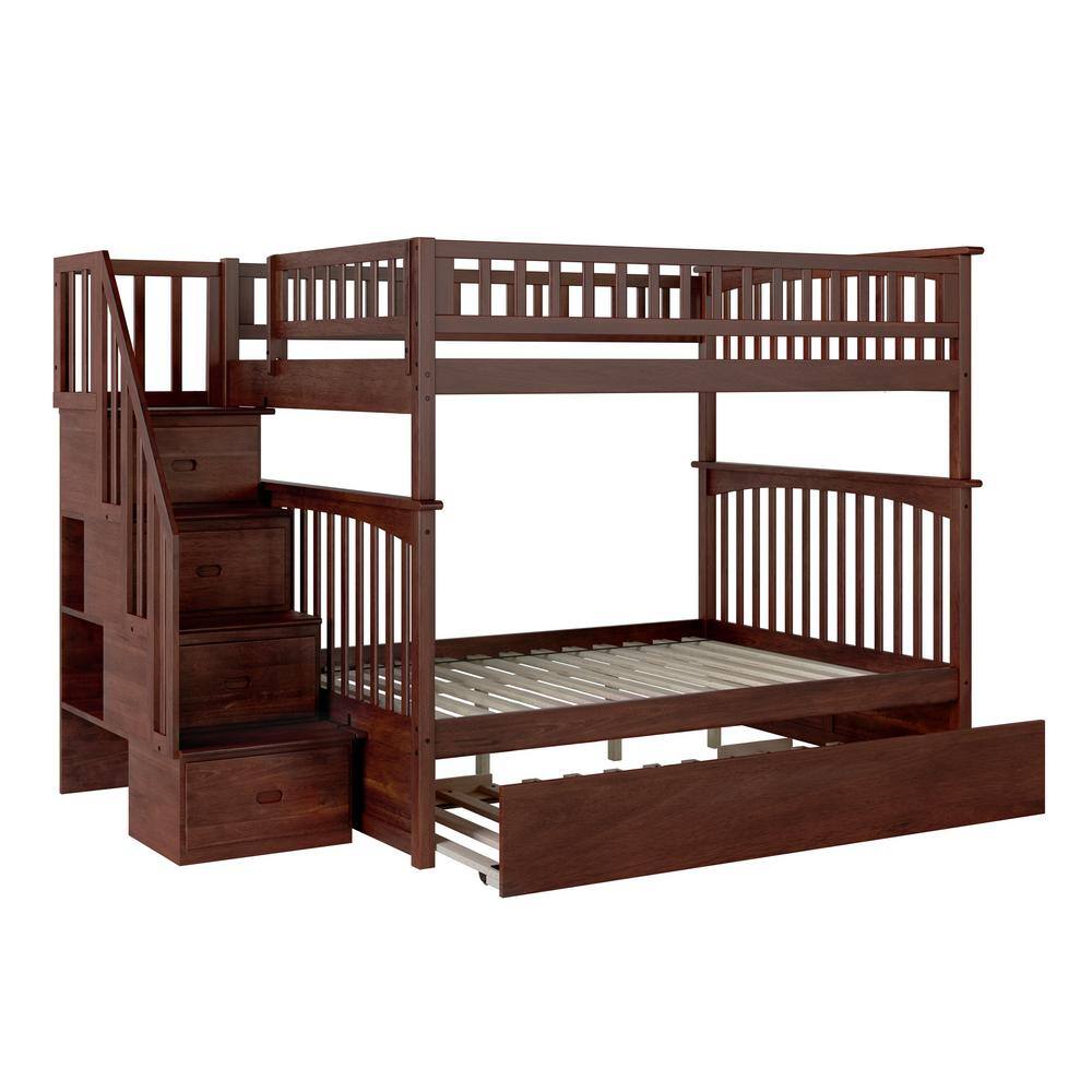 AFI Columbia Staircase Bunk Bed Full over Full with Full Size Urban Trundle Bed in Walnut