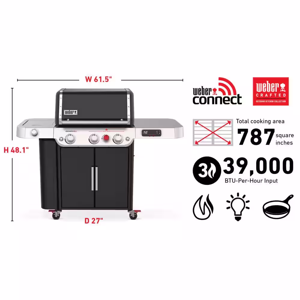 Weber Genesis EPX-335 3-Burner Propane Smart Gas Grill in Black with Side Burner