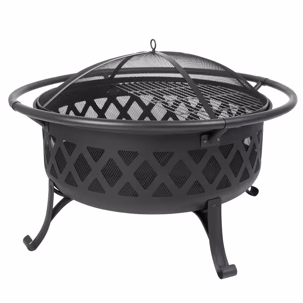 Pleasant Hearth Traverse 35 in. x 24.21 in. Round Steel Wood Burning Black Fire Pit