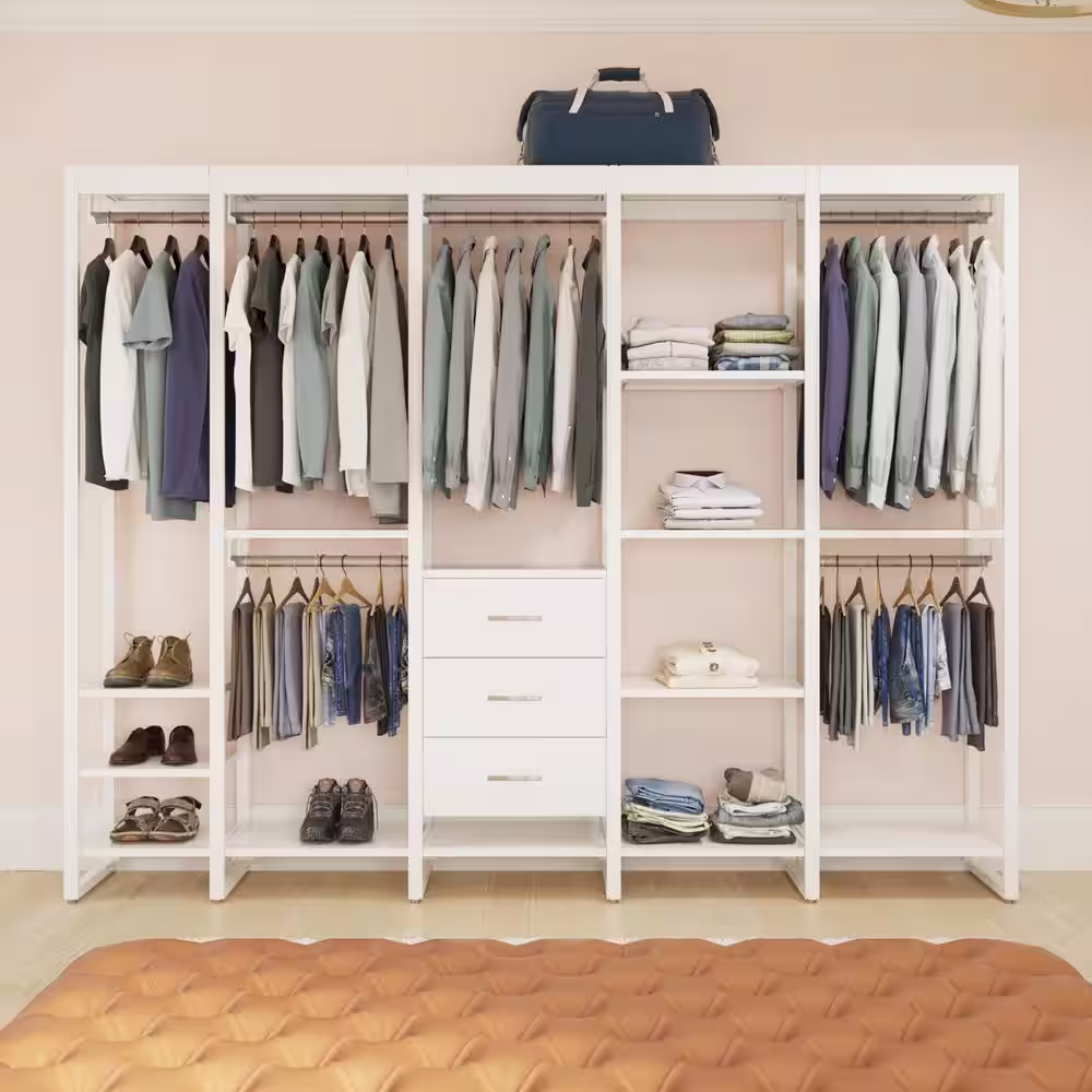 CLOSETS By LIBERTY 108 in. W White Adjustable Wood Closet System with 13-Shelves, 6-Rods and 3-Drawers