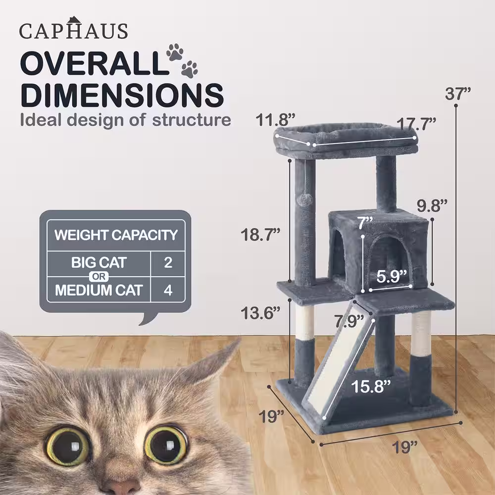 None 37 in. Dark Grey Cat Tower for Indoor Cats, Modern Cute 37 in. Small Cat Tree with Widened Perch