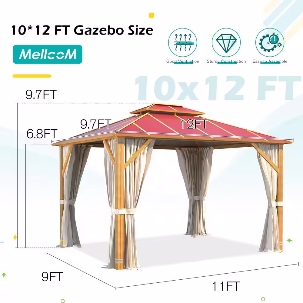 None 10 ft. x 12 ft. Metal Hardtop Gazebo, Wooden Finish Coated Aluminum Frame Double Roof Gazebo, Claret