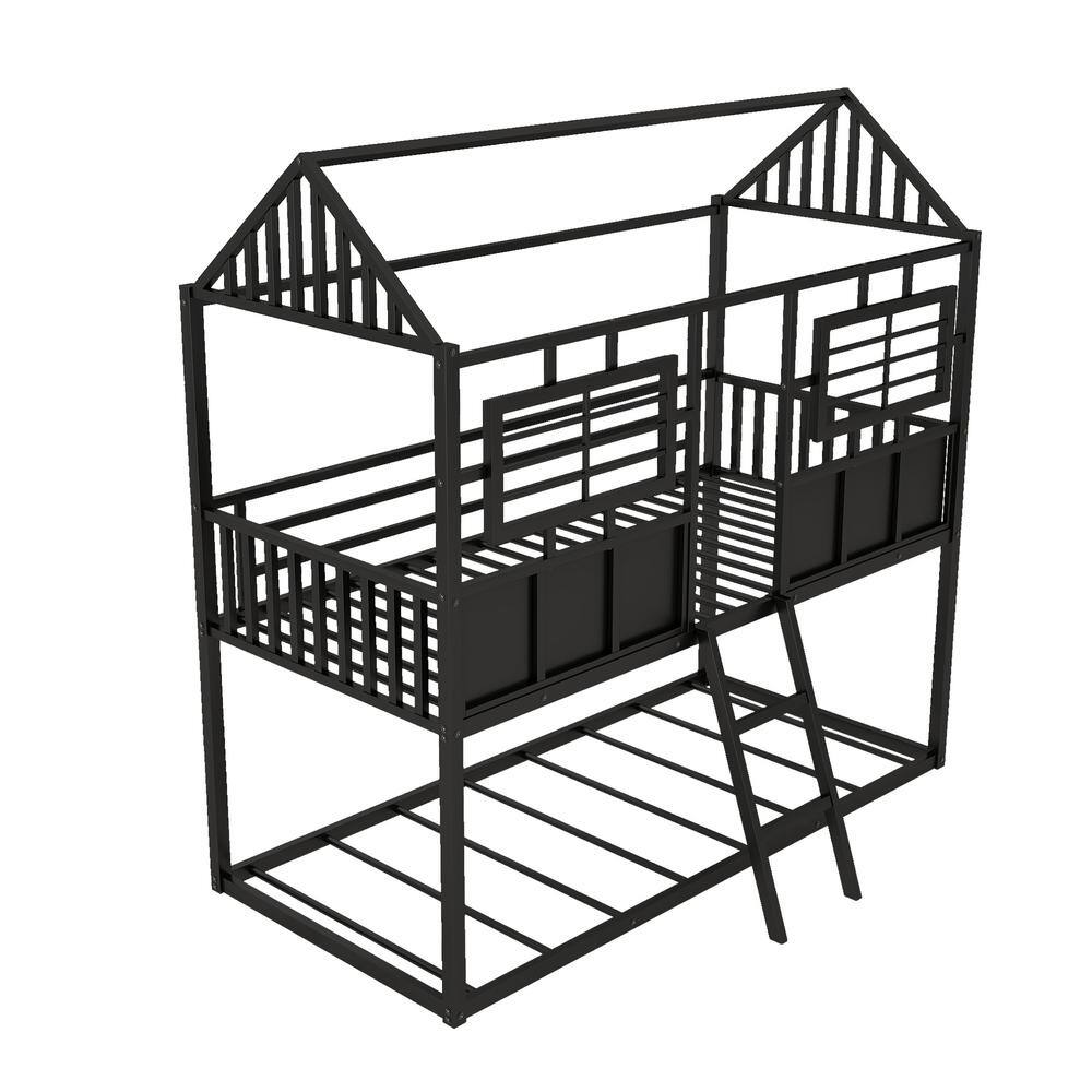 Harper & Bright Designs Black Twin over Twin Metal Bunk Bed with Roof and Fence-shaped Guardrail