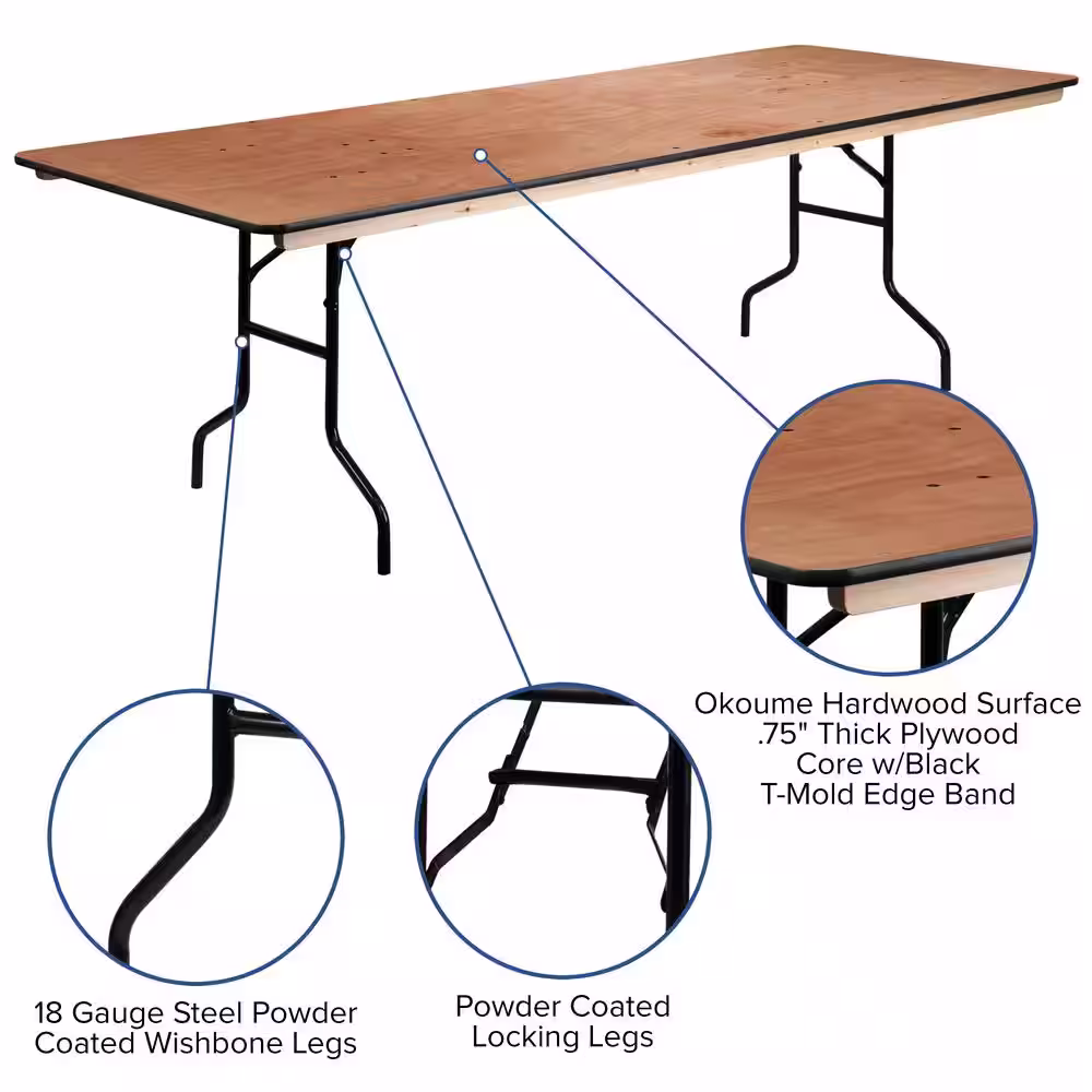 None 96 in. Natural Wood Tabletop Metal Frame Folding Table