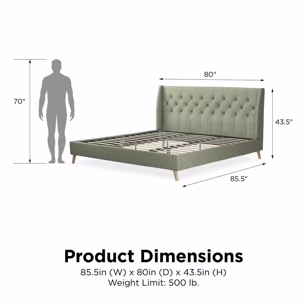 Novogratz Her Majesty Light Green Linen King Bed Frame