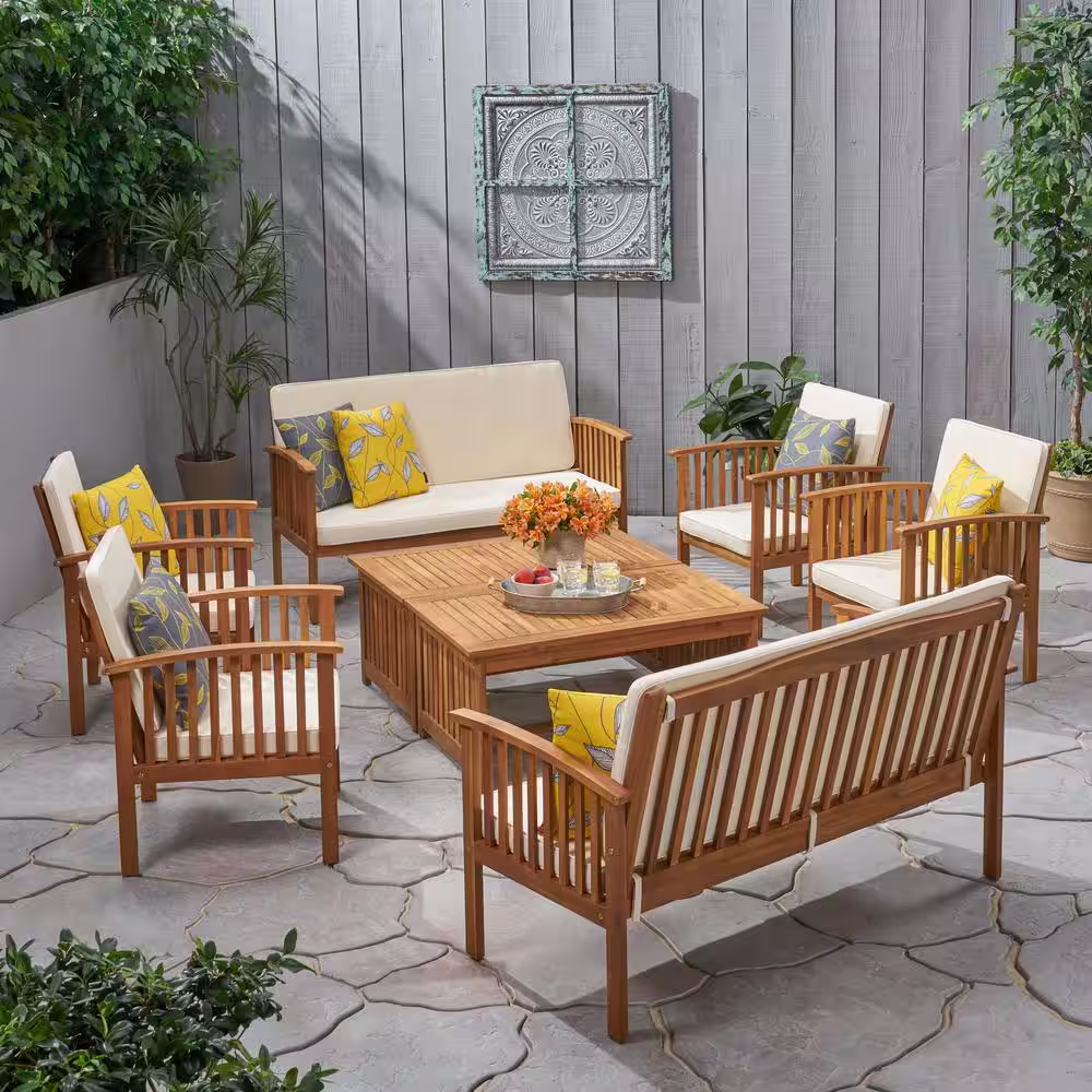 Noble House Thalia Brown 8-Piece Wood Patio Conversation Set with Cream Cushions