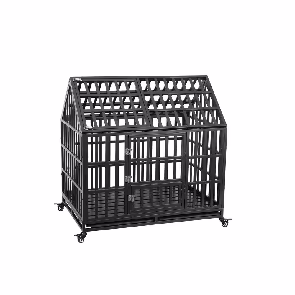 None Carbon Steel Heavy-Duty Dog Cage pet Crate with Roof in Black