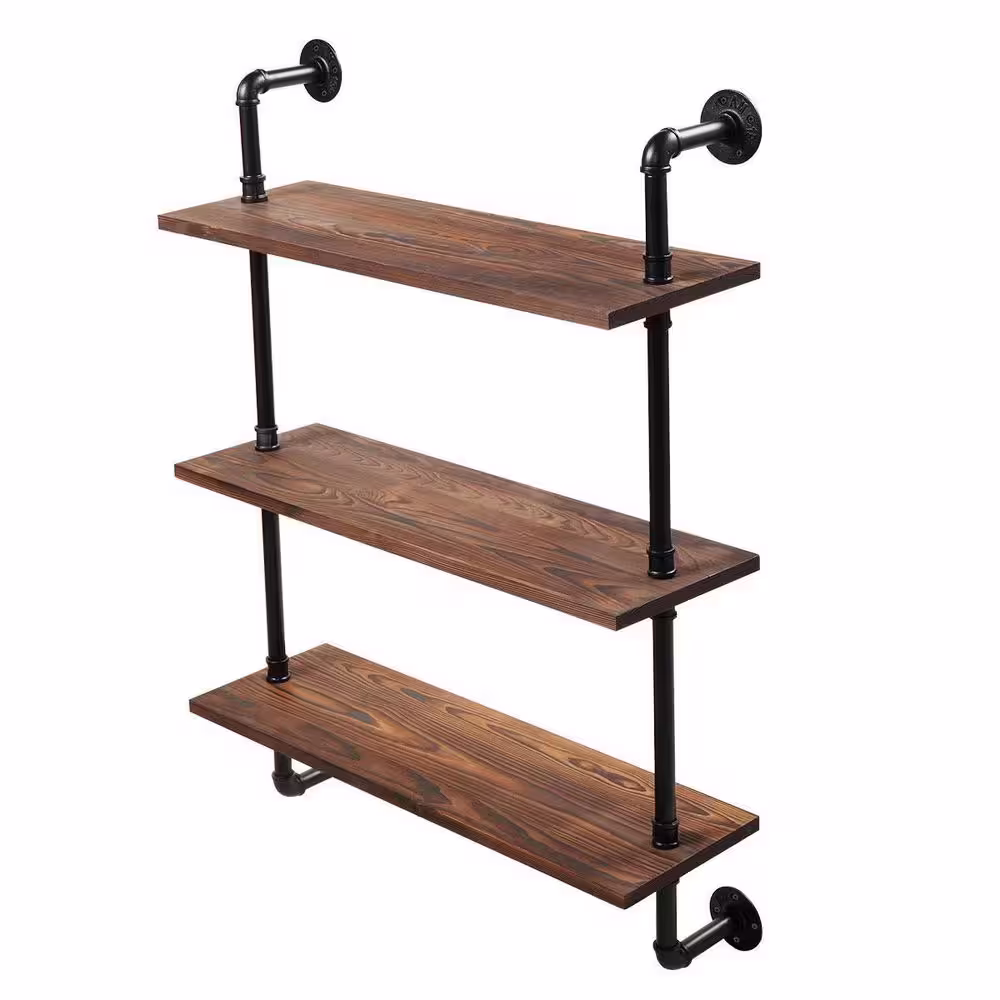 None 3-Tier Rustic Brown Industrial Wall-Mounted Pipe Shelf with Metal Frame Safe and Sturdy