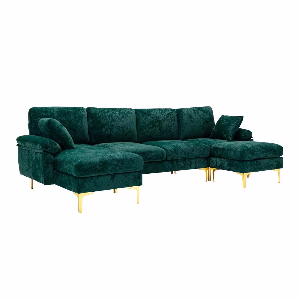 None 114 in. W 2-Arms 4-Piece L Shaped Fabric Modern Sectional Sofa in Emerald Green with Removable Ottoman