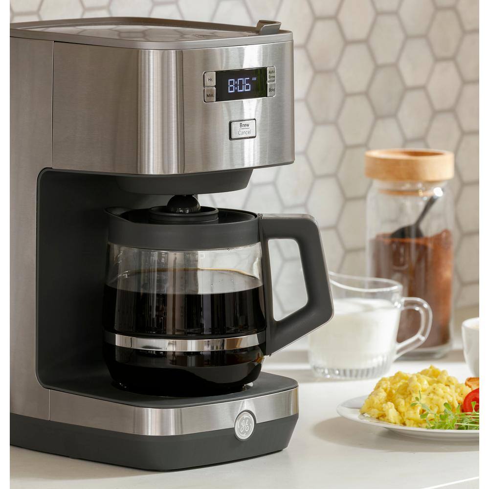 GE Stainless Steel Drip Coffee Maker with 12 Cup Glass Carafe